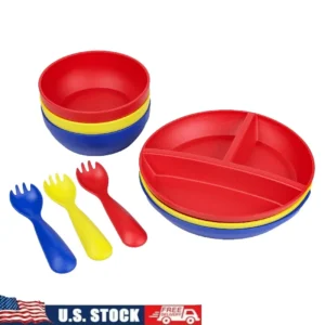 9 PC Recycled Plastic Toddler Dinnerware (Plates Bowls Sporks) Set, Microwave and Dishwasher Safe, Non-Toxic